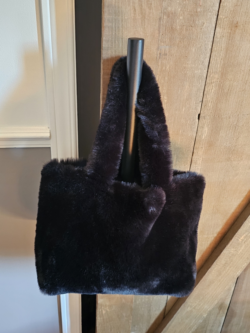 Plush Faux Fur Tote Bag in Deep Black